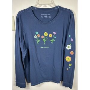 Life Is Good Crusher Long Sleeve T Shirt Womens XXXL Blue Floral Graphic Cotton